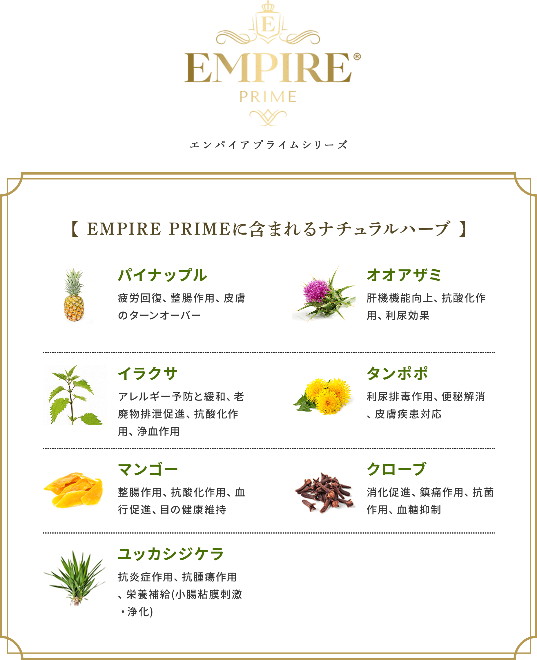 Empireプライムシリーズ【Empireに含まれるナチュラルハーブ】パイナップル:疲労回復、整腸作用、皮膚のターンオーバー オオアザミ:肝機機能向上、抗酸化作用、利尿効果 イラクサ:アレルギー予防と緩和、老廃物排泄促進、抗酸化作用、浄血作用 タンポポ:利尿排毒作用、便秘解消、皮膚疾患対応 マンゴー:整腸作用、抗酸化作用、血行促進、目の健康維持 クローブ:消化促進、鎮痛作用、抗菌作用、血糖抑制 ユッケシジケラ:抗炎症作用、抗腫瘍作用、栄養補給(小腸粘膜刺激･浄化)